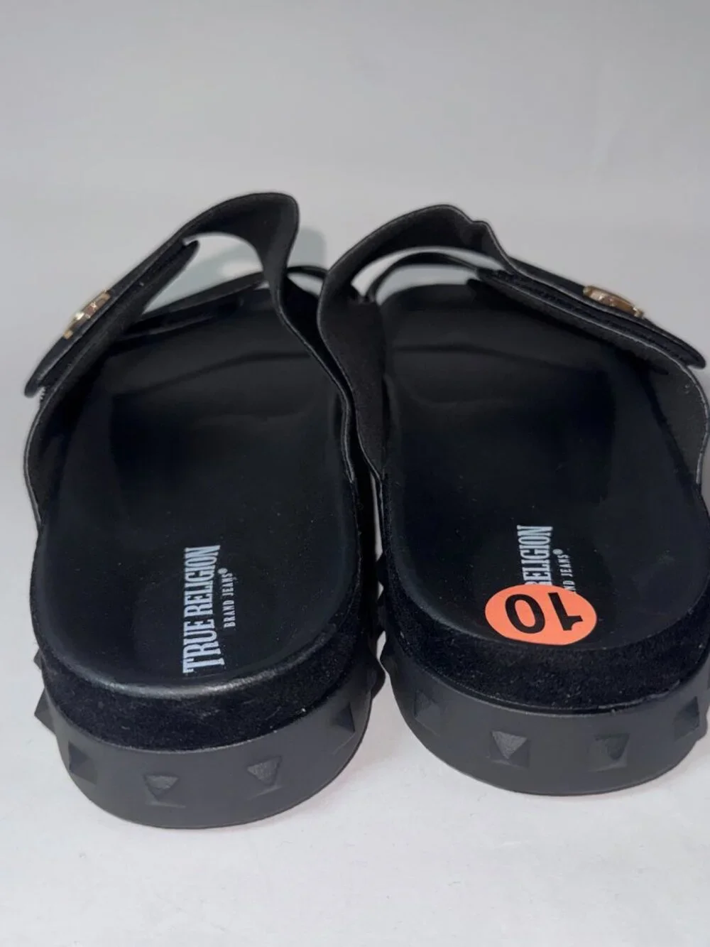 True Religion Men's Sean double-strap sandals in black,metal horseshoe logo hard